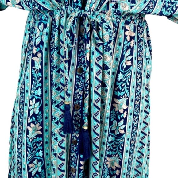 Boemo BOHO Floral Maxi Dress Button-Up Ruffle Hem Tassel Tie Sz M #236D - Picture 7 of 9